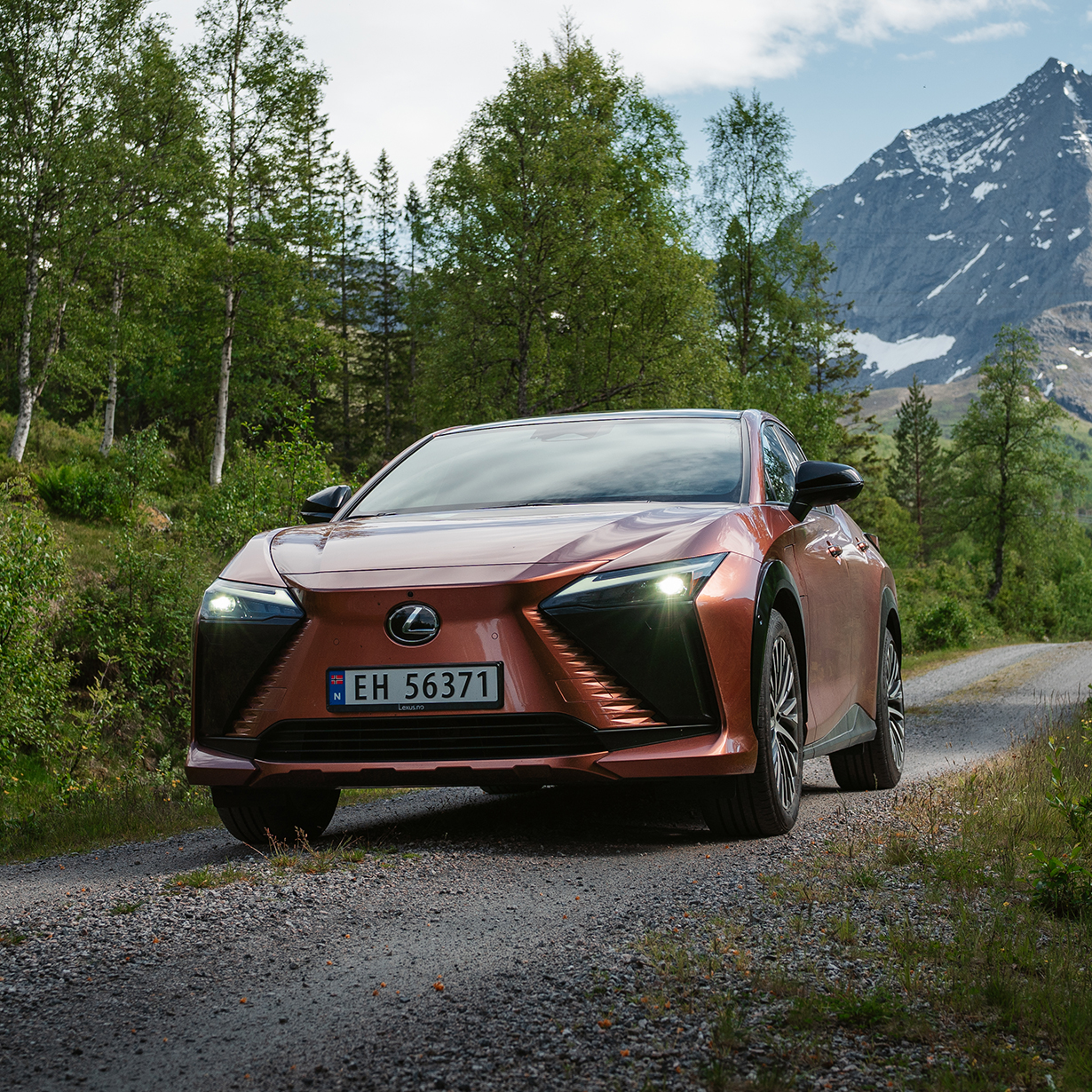 En Lexus RZ 450e i naturlandskap